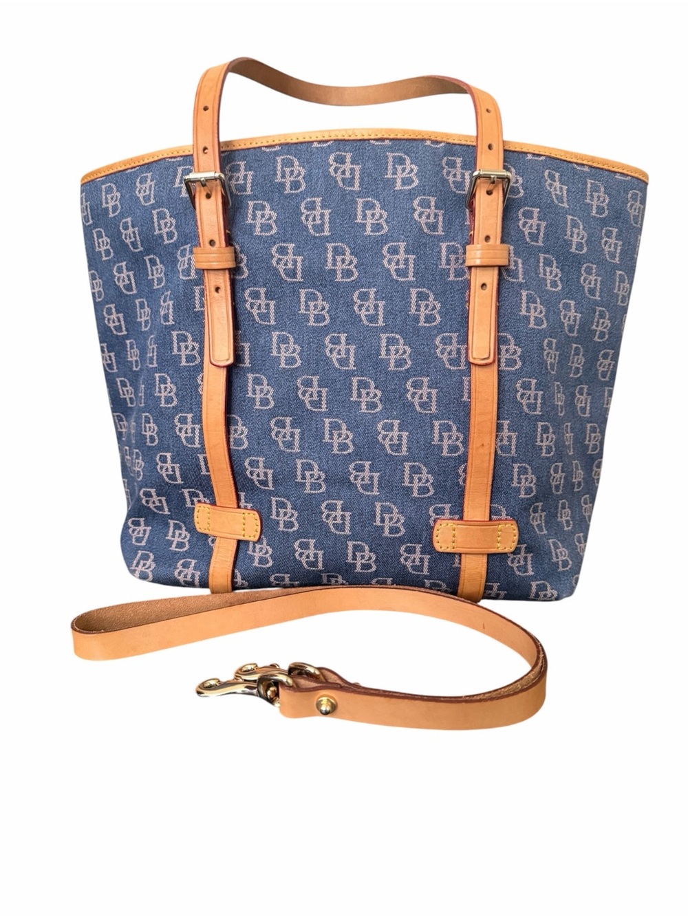 Dooney & Bourke Y2K Signature DB Monogram Denim Shopper Tote Leather Trim
